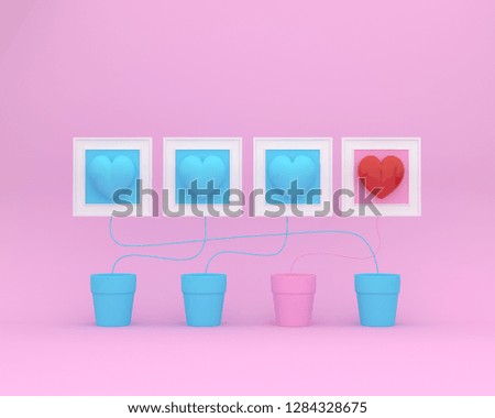 Outstanding red hearts with flowerpot and picture frame on pink background. minimal concept of love and valentine day