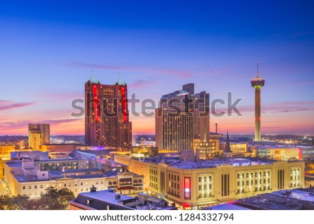 San Antonio, Texas, USA Skyline at dusk from above.