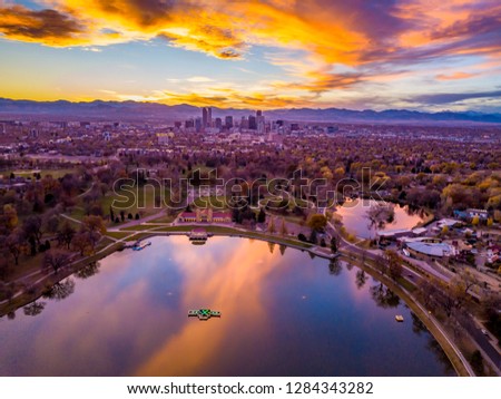 Colorful Drone Sunset Above City Park in Denver, Colorado 
