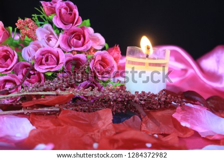 Valentine day with decoration bouquet flower and candle burning. Photoshoot valentine