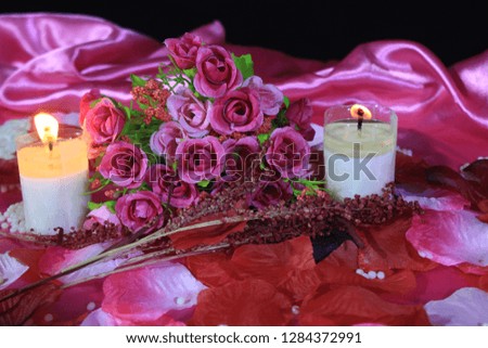 Valentine day with decoration bouquet flower and candle burning. Photoshoot valentine