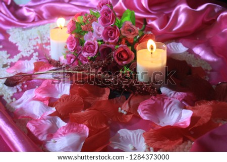 Sweet momen with decoration bouquet and candle burning. Photoshoot Valentine day