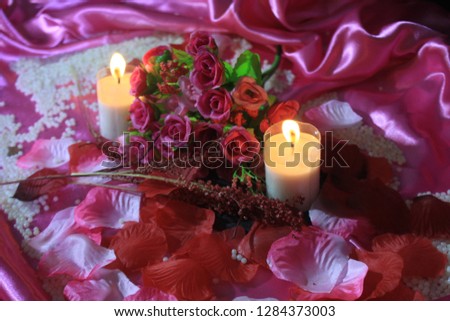 Sweet momen with decoration bouquet and candle burning. Photoshoot Valentine day
