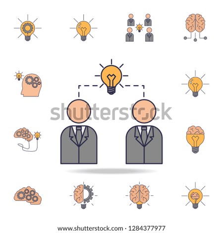 Business people and connecting light bulb fild color icon. Detailed set of color idea icons. Premium graphic design. One of the collection icons for websites, web design