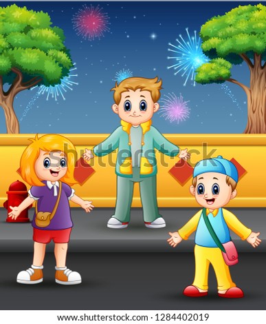 Happy children playing with firework landscape in the sky
