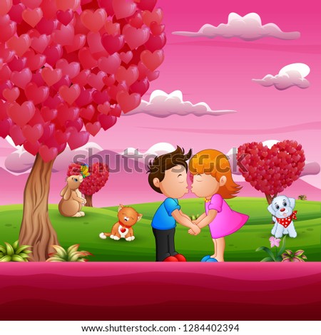 Cartoon little boy and girl kissing in beautiful pink scenes