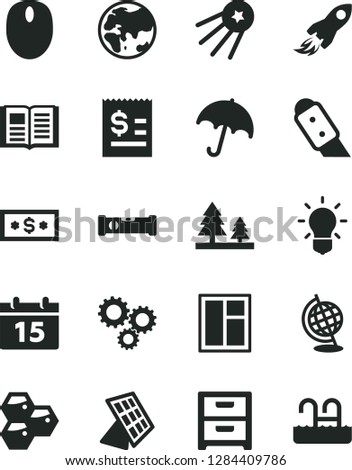 Solid Black Vector Icon Set - window vector, construction level, knife, calendar, book, umbrella, nightstand, honeycombs, planet, forest, space rocket, three gears, article on the dollar, mouse
