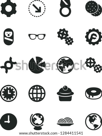 Solid Black Vector Icon Set - clock face vector, roly poly doll, gears, cogwheel, star gear, wall, earth, right bottom arrow, onion, muffin, cake with a hole, biscuit, planet, pie charts, glasses