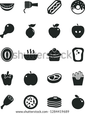 Solid Black Vector Icon Set - pizza vector, Hot Dog, noodles, muffin, glazed cake with a hole, porridge, chicken leg, thigh, bacon, peper, French fries, pancakes, sandwich, apple, quince, red, tasty