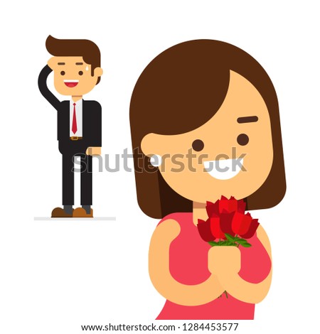 Beautiful Woman with Red Roses in a Red Dress with her Lover looking at her