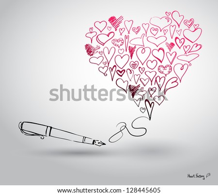 Illustration of hands cartoon hearts and pen