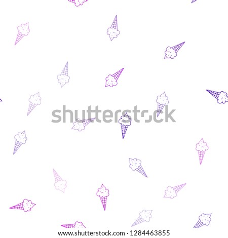 Light Purple, Pink vector seamless texture with delicious ice-cream. Decorative design of ice-cream cones in doodle style. Design for ad, poster, banner of cafes, restaurants.