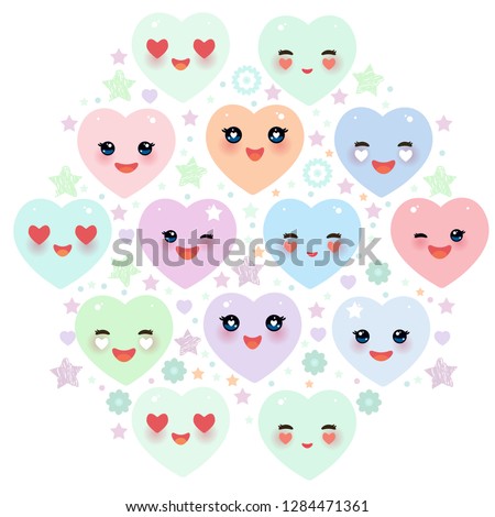 Card design with Funny Kawaii heart pink, yellow, lilac, orange, blue green, isolated on white background. Valentine's Day Card banner template. Vector