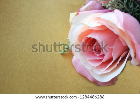 top view and flat lay  pink  rose  on a desk brown office