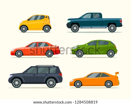 Big set of of different models of cars. Vector flat style  illustration