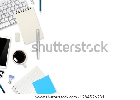 top view workspace business white desk with laptop computer, office supplies and coffee cup using for background