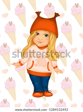 Spring clip art - cartoon girl in hat with ears and long blonde hair like squirrel For spring greeting card, seasonal promo banner, nursery, fashion print, baby club or children event poster