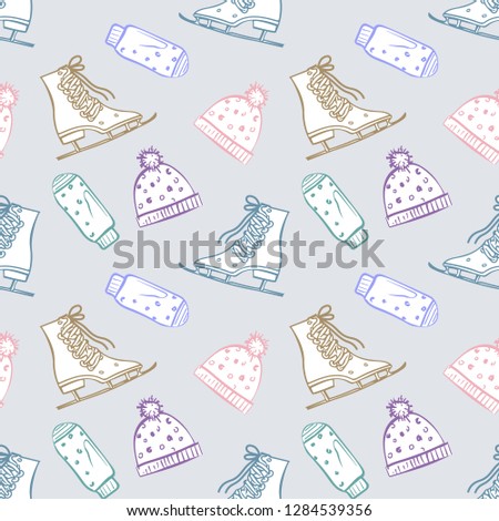 Winter Seamless Pattern. Sketch of Gloves, Hats and Skates. Hand Drawn Illustration.