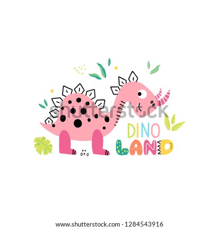 Funny pink dinosaur with leaves and the inscription - dino land, isolated on a white background. Illustration for children.