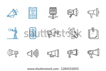 announcement icons set. Collection of announcement with megaphone, speaker, sticky note, advertising, billboard, loudspeaker. Editable and scalable announcement icons.
