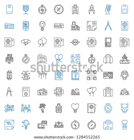 journey icons set. Collection of journey with hot air balloon, luggage, compass, suitcase, gps, route, camel, passport, helicopter, korean. Editable and scalable journey icons.