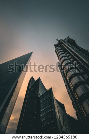 Futuristic looking skyscrapers with an atmospheric sky, taken in the City of London