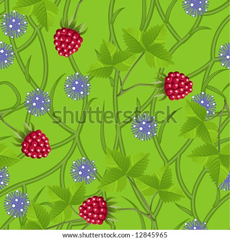 Seamless pattern with raspberries and blue flowers