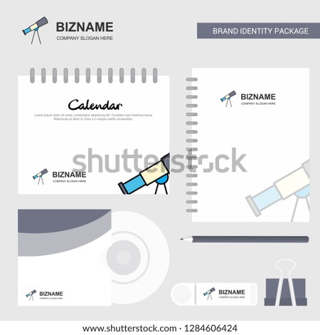 Telescope Logo, Calendar Template, CD Cover, Diary and USB Brand Stationary Package Design Vector Template