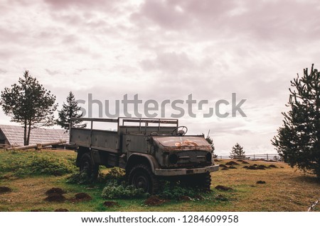 Abandoned truck in wild nature, sourrended with wood.Abandoned truck in wild nature, surrounded with wood.