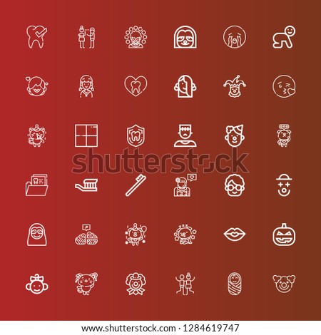 Editable 36 smile icons for web and mobile. Set of smile included icons line Clown, Baby, Joy, Kitty, Pumpkin, Kiss, Dog, Neural, Sloth, Grandmother, Girl, Toothbrush, Tooth on red