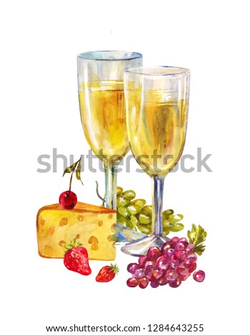 Simple watercolor illustration with glasses full of champagne or white wine and fruits. Traditional snack to light booze. Evening for two on Valentine's Day