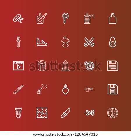 Editable 25 cut icons for web and mobile. Set of cut included icons line Pizza, Scissors, Knife, Puzzle, Clipper, Diskette, Blowpipe, Beet, Saw, Grater, Log, Clapper, Avocado on red