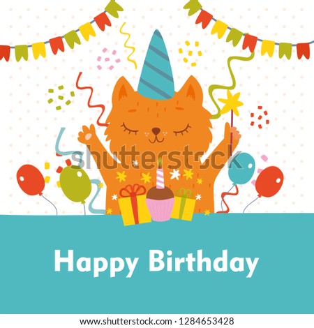 vector greeting card with cute red cat, birthday, party for children