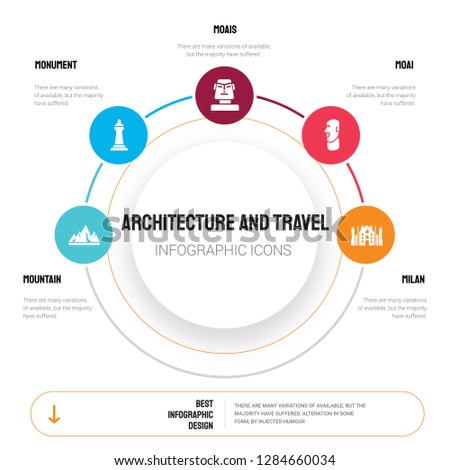 Abstract infographics of architecture and travel template. Mountain, Monument, Moais, Moai, Milan icons can be used for workflow layout, diagram, business step options, banner, web design.