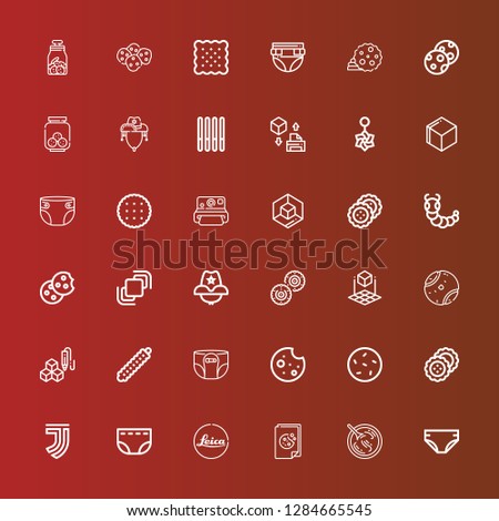 Editable 36 realistic icons for web and mobile. Set of realistic included icons line Diaper, Sour soup, Cookie, Leica, Juventus, Biscuits, Caterpillar, d cube, Tennis ball on red