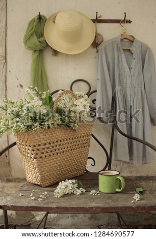 White lilac in a basket in an old chair against a white wall