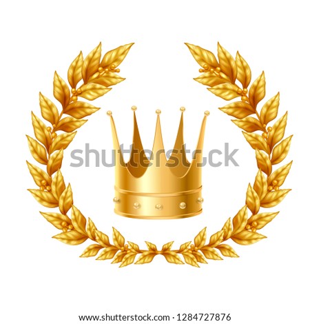 Realistic design concept with golden laurel wreath and crown on white background  isolated vector Illustration