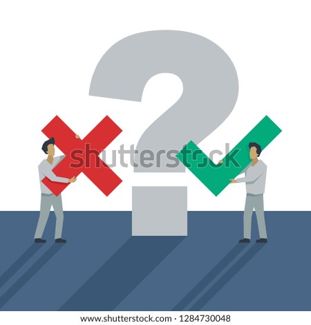 Correct decision choosing - angular cartoon people holds tick and cross signs (positive or negative choise) and big question marks on background - vector illustration