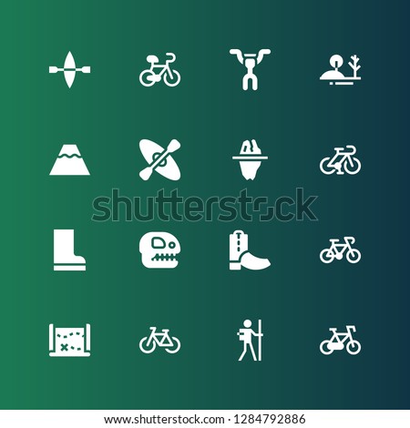 mountain icon set. Collection of 16 filled mountain icons included Bicycle, Hiker, Treasure map, Bike, Boots, Fossil, Iceberg, Kayak, Volcano, Hill, Handlebar
