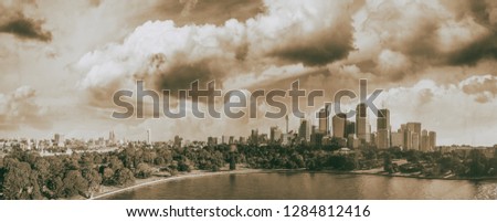 Sydney, Australia. Panoramic aerial view of city skyline and famous harbor area.