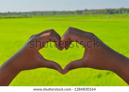 Female heart shaped hands to share love and happiness during valentine day with an open field in the background