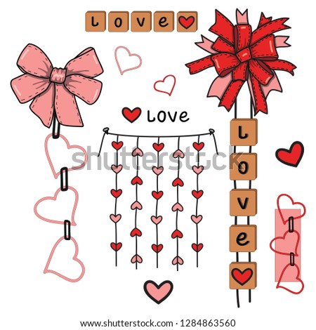 Valentines Day set with love elements, heart, overlays and etc. Template for Stickers, Greeting Scrapbooking, Congratulations, Invitations, Planners. Vector illustration 