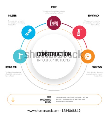 Abstract infographics of construction template. Boning rod, Bolster, print, blowtorch, blade saw icons can be used for workflow layout, diagram, business step options, banner, web design.