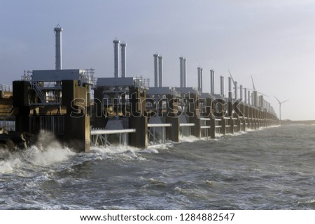 Dutch storm surge barrier in the Netherlands is a protection against storm and flood