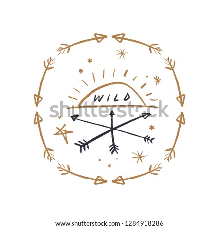 Hand drawn funny stylish hipster camp logo. Tribal navajo style. Clipart, isolated sign