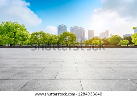 Empty square floor and city skyline with buildings in Shanghai 