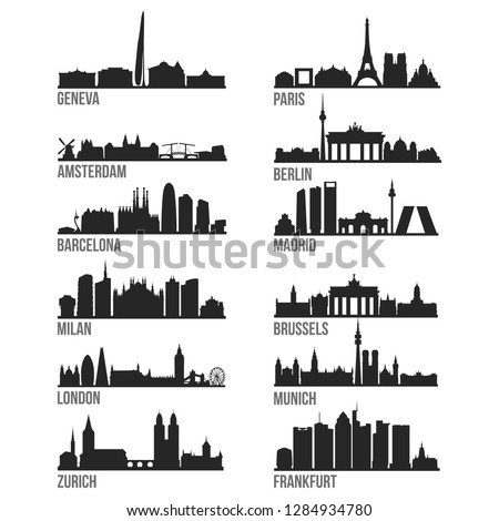 Business Europe Cities Most Famous Skyline City Silhouette Design Collection Set Pack