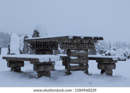 A winter landscape filled with snow and ice. A bench covered by snow and ice.