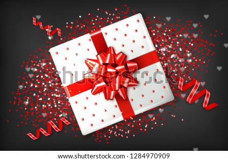 Giftbox with red bow Vector realistic. Confeti and garland sparkle. Product placement mock up. Design packaging 3d illustration. Birthday, Wedding, Anniversary decor template banners