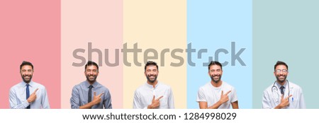 Collage of handsome man over colorful stripes isolated background cheerful with a smile of face pointing with hand and finger up to the side with happy and natural expression on face